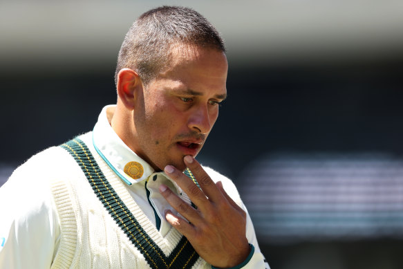 Usman Khawaja after being hit in Adelaide.