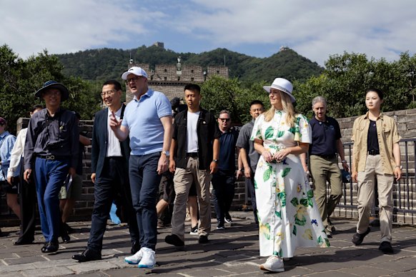 Prime Minister Anthony Albanese and fiancee Jodie Haydon visit the Great Wall of China on Wednesday.
