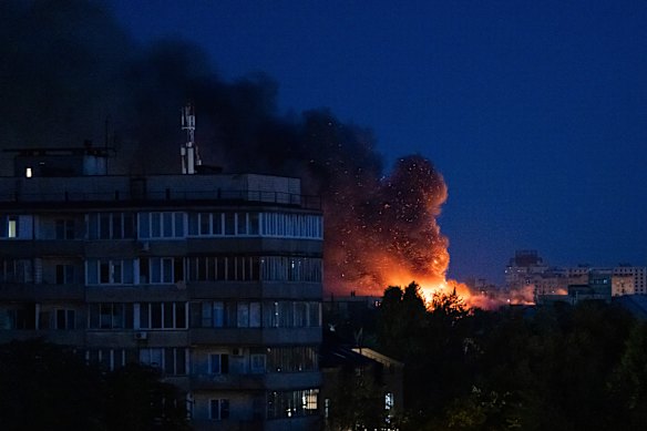 A fire is seen after a Russian strike on Kyiv, Ukraine, on Monday.