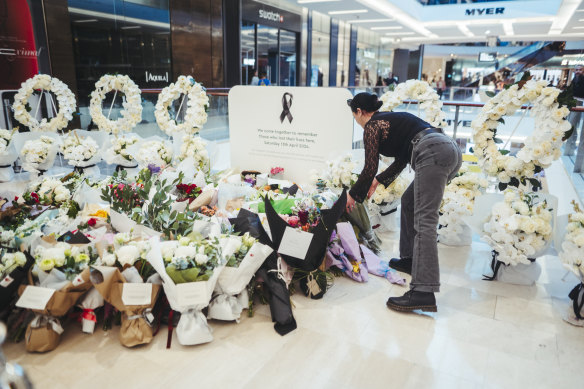 A memorial was set up inside the Bondi Junction shopping centre to pay tribute to the victims killed in last month’s stabbing rampage.