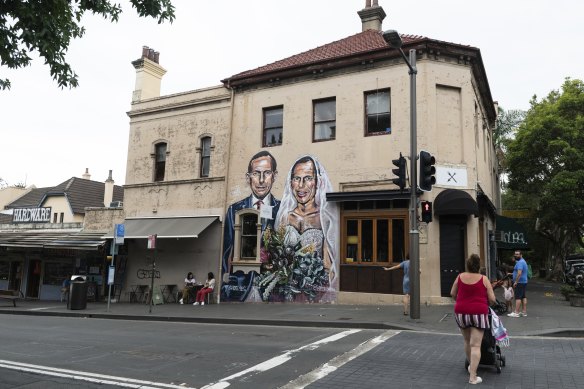 Scott Marsh’s mural of Tony Abbott marrying Tony Abbott.