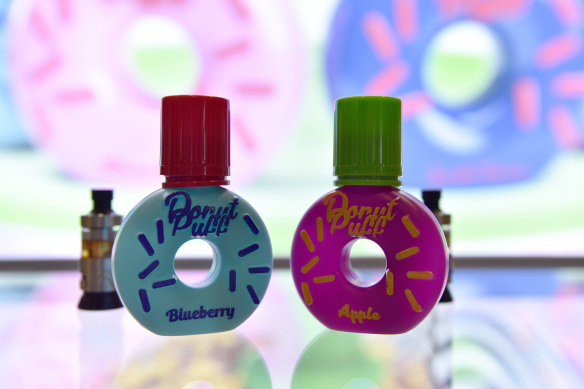 Blueberry and apple-flavoured e-liquids on show at a trade show in London in April.