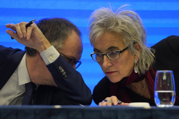 World Health Organisation investigators Marion Koopmans, right, and Peter Ben Embarek, pictured during the press conference in Wuhan. 