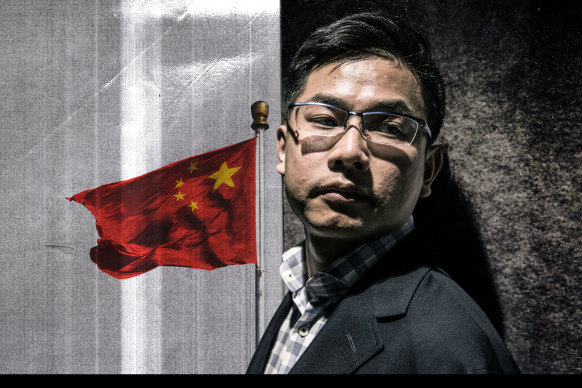 Wang Liqiang, a Chinese spy who has defected to Australia. Illustration: Mark Stehle, Portrait: Steven Siewert