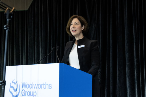 Woolworths chief Amanda Bardwell addresses the company AGM last October.
