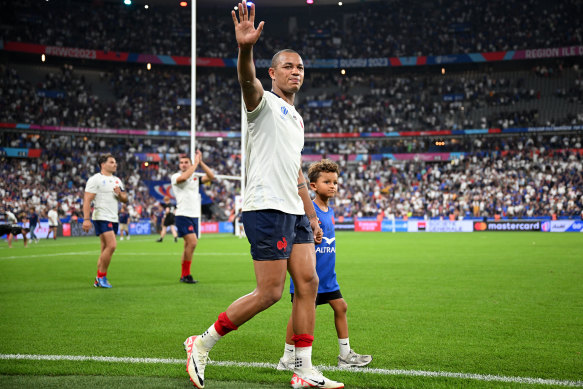France’s Gael Fickou waves to the crowd  in Paris.