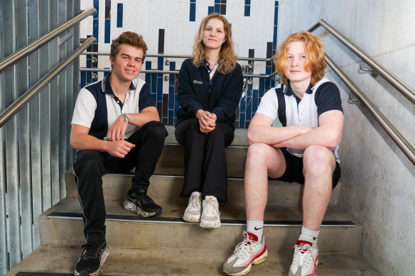 Simon Oye, Emily Blumoser and Sam O’Driscoll after the maths exam on Monday.