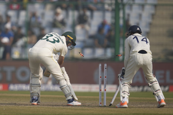 Marnus Labuschagne is bowled by Ravindra Jadeja.