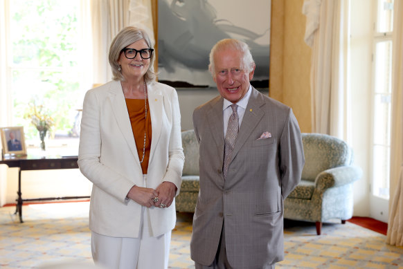 King Charles poses for a photograph with Governor-General of Australia Sam Mostyn at Admiralty House.