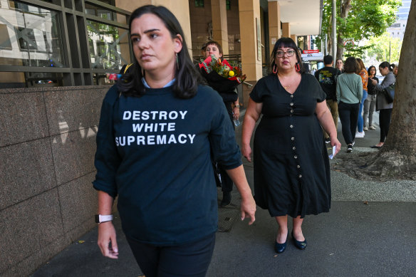 Meriki Onus (left) and Crystal McKinnon outside Melbourne Magistrates’ Court on Tuesday.