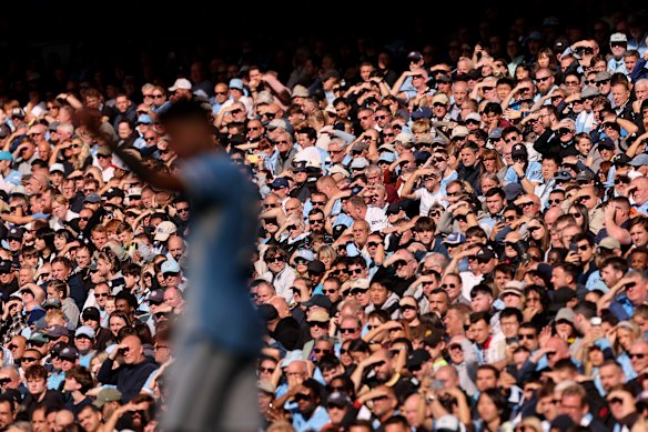 Manchester City fans watch on from the stands during the Premier League match against Sunderland on September 20.