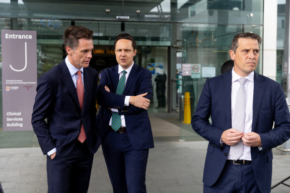 Premier Chris Minns, Nathan Hagarty and Health Minister Ryan Park at Liverpool Hospital in January.