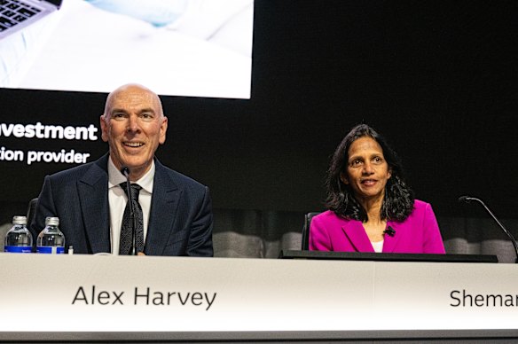 Macquarie CFO Alex Harvey and Wikramanayake  before the Macquarie annual meeting in Sydney on Thursday. 