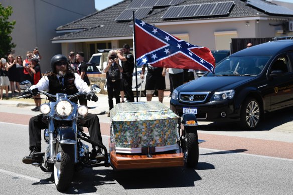 Nick Martin's coffin leaves the funeral home in North Perth, en route to Pinnaroo Valley Memorial Park.