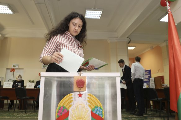 A woman votes in the Belarus referendum in Gomel on Sunday.