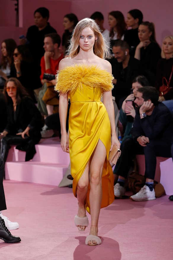 Mellow yellow ... a model for Ralph & Russo at Paris Fashion Week.