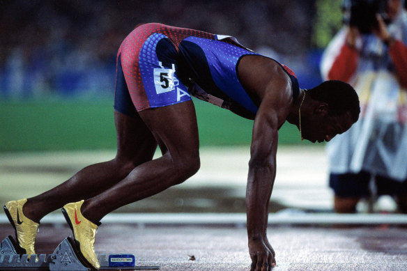 Michael Johnson lines up for the 400m final at the 2000 Sydney Olympics.