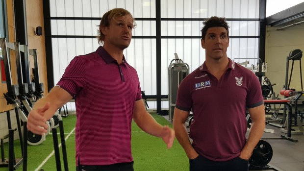 Study tour: Crusaders Coach Scott Robertson and Manly's Trent Barrett trade cross-code insight.