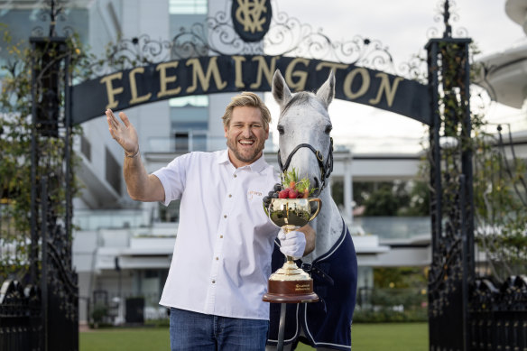 Chef Curtis Stone with the Lexus Melbourne Cup announcing his pop-up at The Birdcage for this year’s event.
