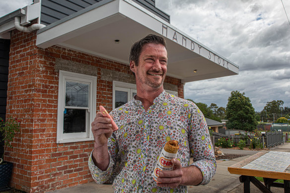 Josh Thomas with his version of a PBig Boss Cigar and Chiko Roll in Bairnsdale.