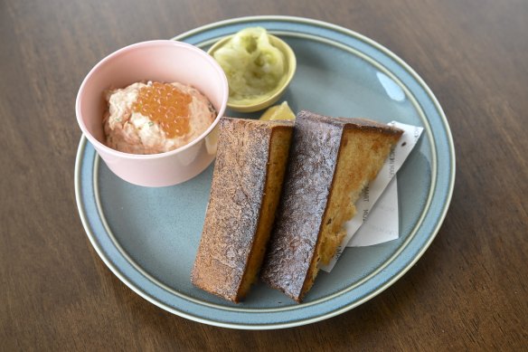 The New Moon Mart cafe in South Melbourne, and its rye with smoked salmon rillettes.