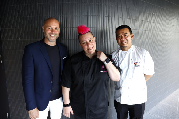 Gema Group MD Paul Valenti, pastry chef Anna Polyviou and Nobu Sydney head chef Harold Hurtada announcing the new food offerings for Parramatta and Homebush stadiums.