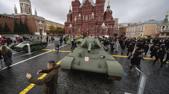 A man takes a selfie at a legendary Soviet era T-34 tank on display during an open air interactive museum at Red Square, Moscow, last week.