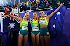 Silver medallist Jessica Hull, gold medallist Abbey Caldwell and bronze medallist Claudia Hollingsworth after the women’s mile in Glasgow.