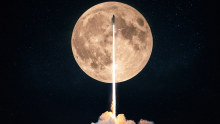 A rocket heading into space.