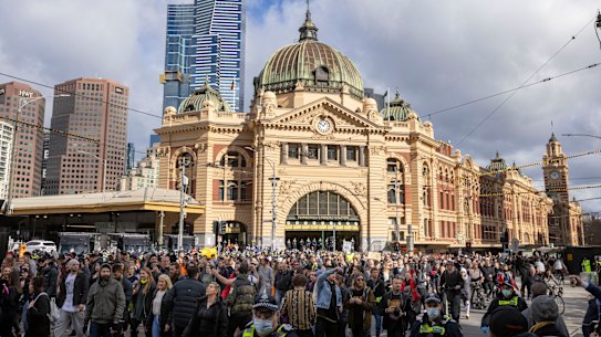 Anti-lockdown and anti-vaccine protesters in Melbourne on July 24. 