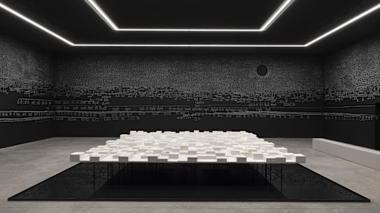 The artwork includes hundreds of document stacks suspended over a reflection pool.