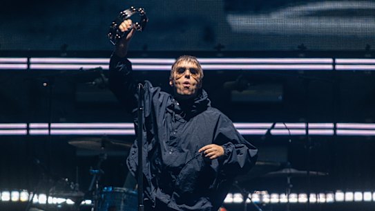 Liam Gallagher of Oasis performs on stage at Marvel Stadium.