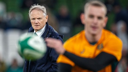 DUBLIN, IRELAND:  November 15:  Joe Schmidt, head coach of Australia, during team warm-up before the Ireland V Australia, autumn series, rugby union match at Aviva Stadium on November 15, 2025, in Dublin, Ireland. (Photo by Tim Clayton/Corbis via Getty Images) Wallabies in Dublin.