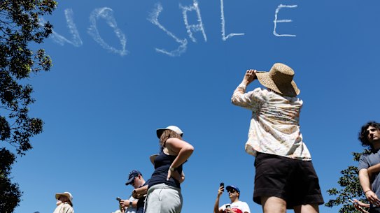 Skywriting over Balmoral Beach during the HMAS Penguin protest earlier this month.