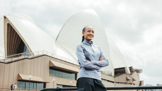 Ethiopian runner Gotytom Gebreslase at the Sydney Opera House, ahead of the Sydney Marathon