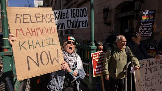Protesters marched outside Columbia University on Monday demanding the release of Mahmoud Khalil.