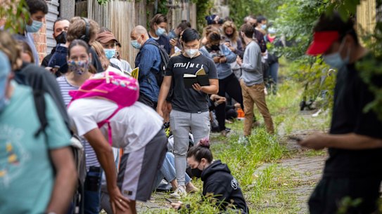 The queue on Tuesday for COVID-19 testing extended into an alleyway at a St Kilda east site, which was at capacity and forced to close half an hour before it was meant to open. 