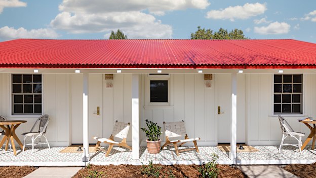 One of the red-roofed cottages that house Farmhouse Motel’s 26 guest rooms in Paso Robles wine country.