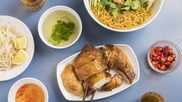 Tan Viet Noodle House’s signature crispy chicken with dry egg noodles.