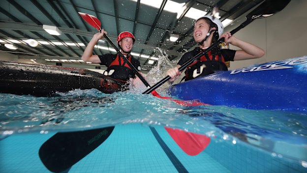 Frankston High School students Archer Gibson and Ava Bryant learn to kayak.