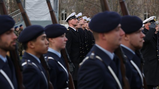 Members of the Bundeswehr, Germany’s armed forces, arrive to attend an event to celebrate the 70th anniversary of the Bundeswehr at which 280 new recruits took their oath of service on November 12.