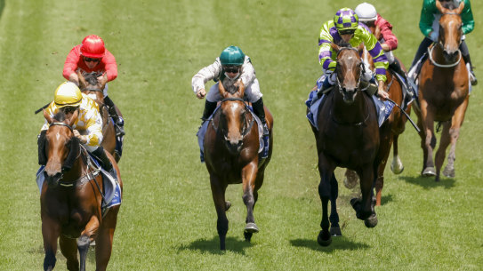 Rachel King steers Queen Of The Ball (yellow silks) to victory in the Widden Stakes.
