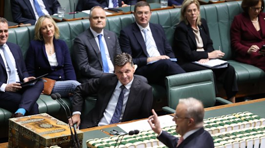 Opposition Leader Angus Taylor and Prime Minister Anthony Albanese during question time on Thursday.