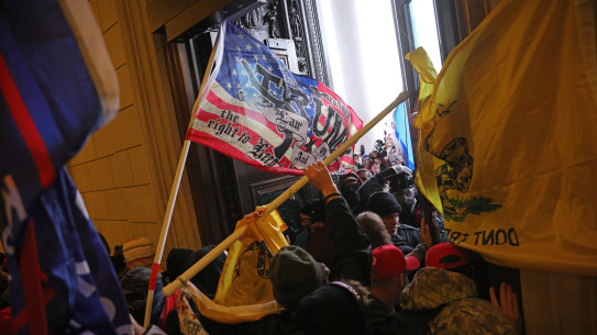 Remarkable and frightening scenes as pro-Trump protesters storm the US Capitol Building, forcing their way through officers in riot gear.