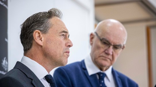 Health Minister Greg Hunt and the TGA’s Professor John Skerritt in Mount Martha on Saturday.