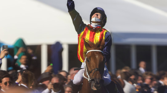 James McDonald celebrates after winning The Everest aboard Nature Strip.