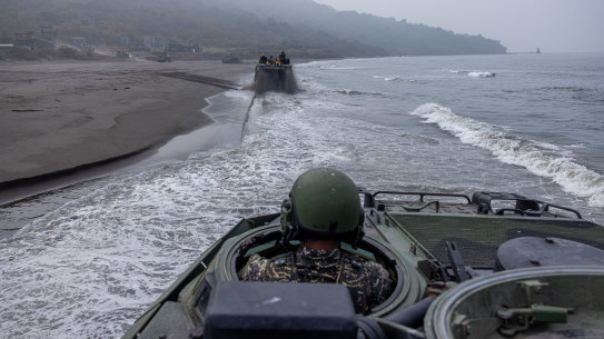 A soldier manoeuvres an AAVP7 amphibious vehicle during the two-day routine drills to show combat readiness ahead of Lunar New Year holidays at a military base on January 12, 2023 in Kaohsiung, Taiwan.