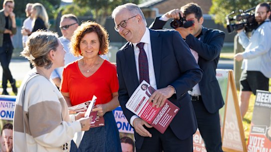 Prime Minister Anthony Albanese campaigning with Belyea in Carrum Downs this week.