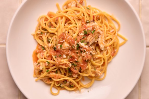 Linguine with Shark Bay crab meat, tomato and capers.