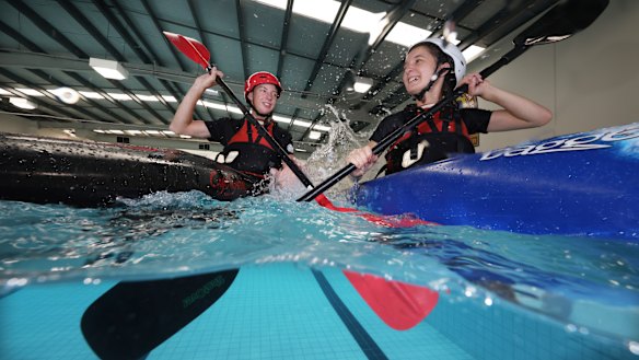 Frankston High School students Archer Gibson and Ava Bryant learn to kayak.